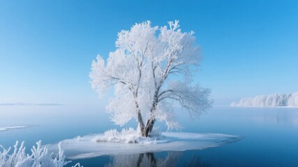 Frost-covered tree standing alone on a frozen lake under a clear blue sky