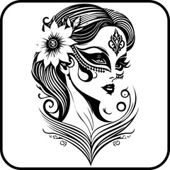 Mysterious visage adorned with floral elegance showcasing artistry in captivating black and white