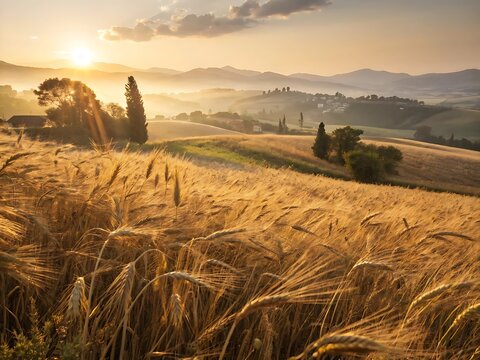 Golden wheat field at sunrise with rolling hills and cypress trees - Powered by Adobe