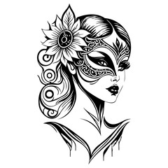 Mysterious woman with ornate masquerade mask and sunflower crown artistic illustration black and