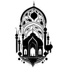 Mystic silhouette mosque, stylized architectural grandeur, captivating black and white design,