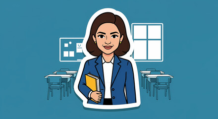 Confident teacher holding book in classroom ready for modern education lesson