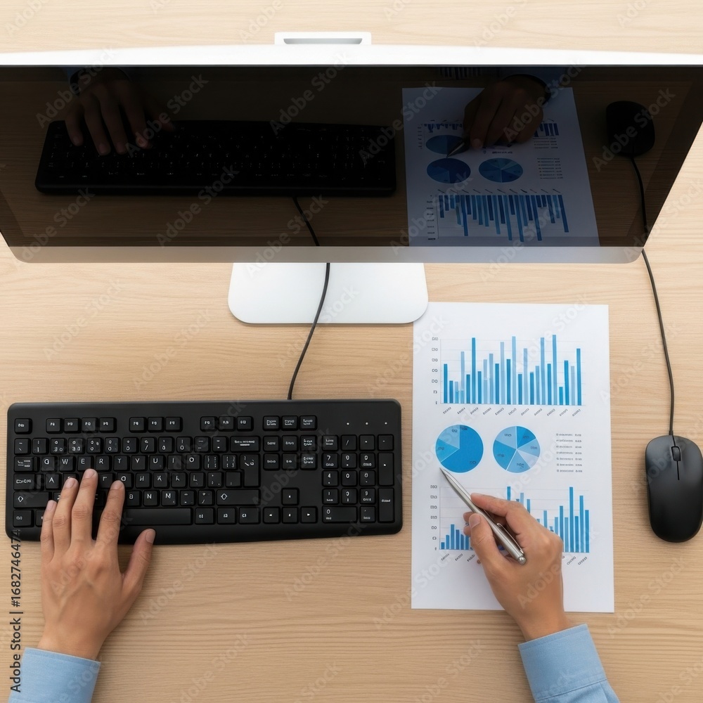 Poster person analyzing financial charts on computer screen and paper keyboard mouse