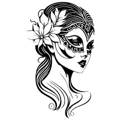 Mystical woman's ornate facial adornment in grayscale evoking elegance, artistic sensibility and