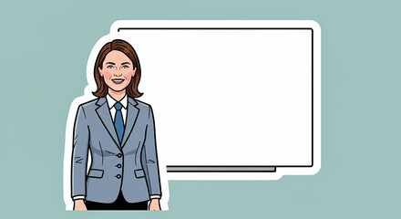 Confident businesswoman presenting ideas by a blank whiteboard in a modern office setting