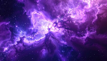 A vibrant cosmic nebula bursts with radiant purple and white energy, adorned with glittering stars across the deep space canvas