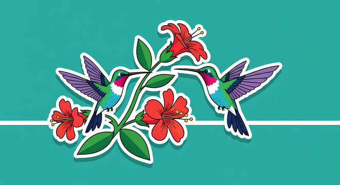 Vibrant hummingbirds gracefully hover near blooming red flowers, capturing nature's delicate beauty and movement - Powered by Adobe