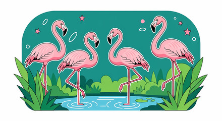 Charming pink flamingos gracefully standing in a serene pond surrounded by lush greenery