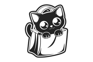 Cute Black Cat in a Shopping Bag Cartoon on White Background Style Design