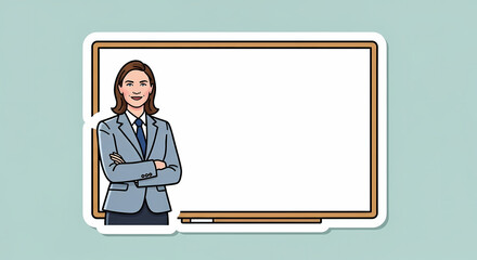 Confident businesswoman presenting ideas next to a blank whiteboard, ready for your content.