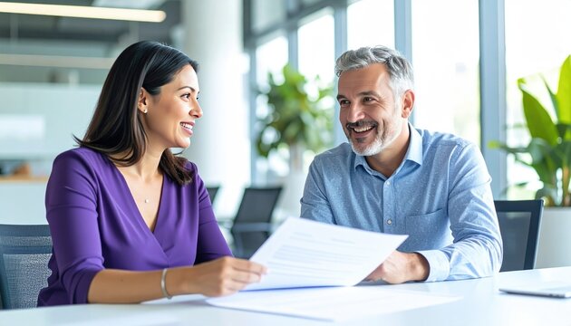 Two people smiling, reviewing a document together at a bright desk. A green plant & large windows are visible in the background, suggesting an office setting