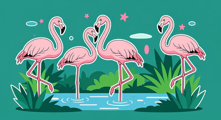 Vibrant flock of pink flamingos elegantly standing in tropical water with lush greenery