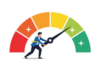 A determined individual in a suit and tie firmly pulls a large lever, adjusting a colorful, arched gauge with indicators ranging from red to green, symbolizing control and progress.