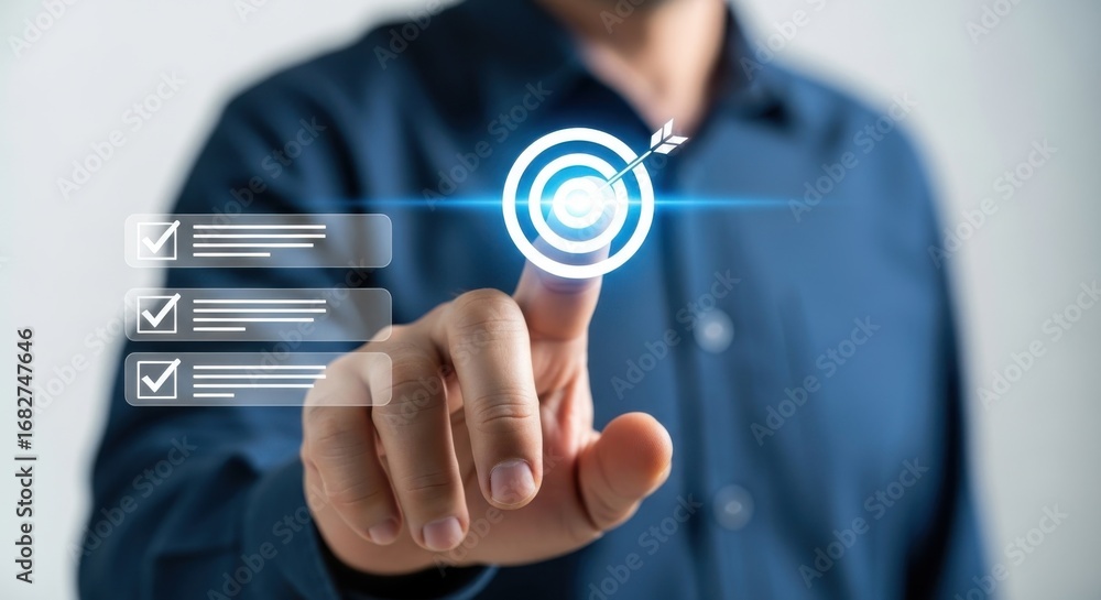 Poster Person touching glowing target with arrow and checklist items on screen dart bullseye