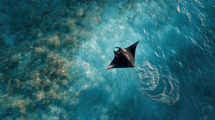 Majestic Manta Ray Soaring Through Teal Ocean Waters