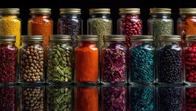 Row of glass spice jars filled with colorful spices, reflected on a mirrored surface