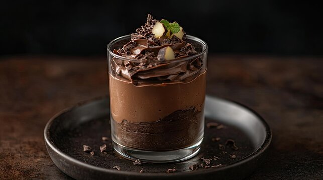 A chocolate mousse in a glass cup with chocolate shavings and a mint leaf on top.