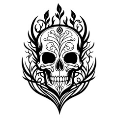 Ornate floral skull design intricate black and white linework illustration gothic style artistry