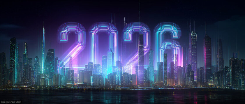 Futuristic cityscape with neon 2026 numbers ideal for futuristic concept designs, scifi projects, and new years themed visuals.