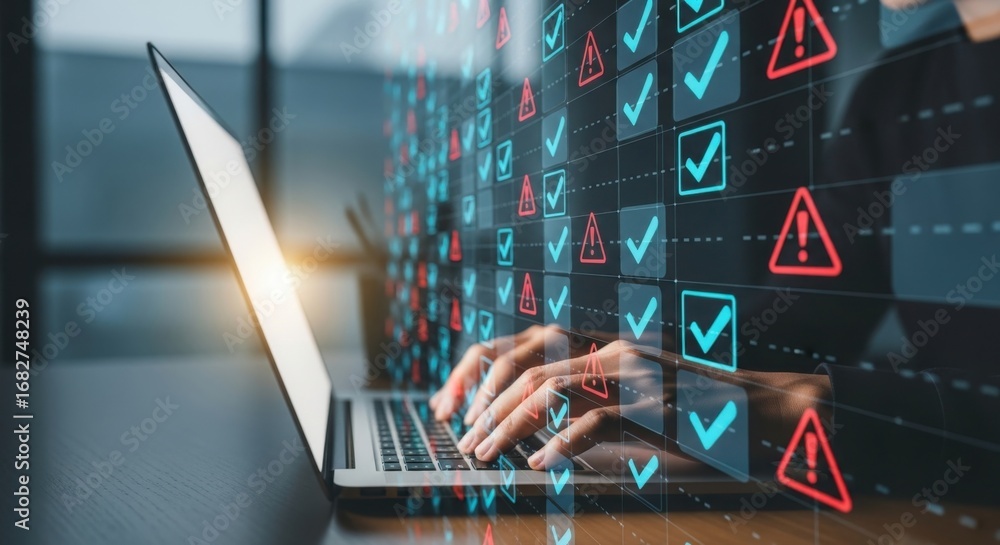Poster person typing on laptop with digital display of checkmarks and warning signs technology data
