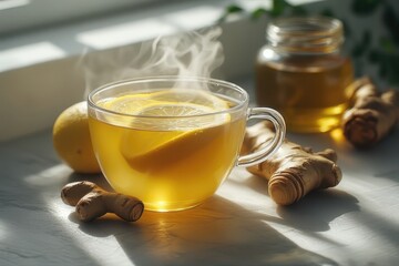 Ginger lemon tea in a clear glass mug with steam, honey dipper and fresh ginger