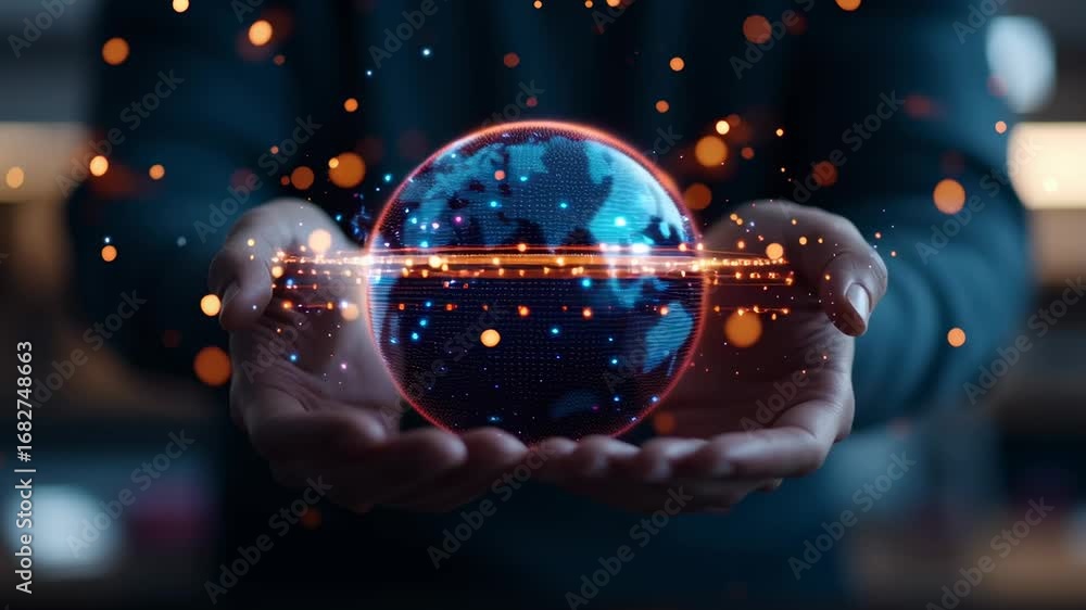 Poster man holding digital globe. world network communication and global data exchange. business connection