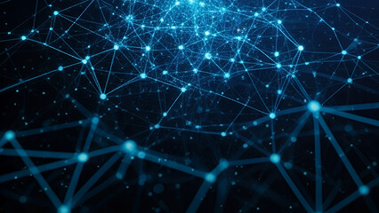 Abstract network of interconnected nodes and lines in blue on a dark background, forming a complex digital web that conveys connectivity, technological sophistication, and futuristic depth.