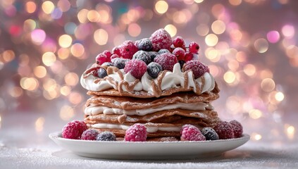 Stacked pancakes topped with whipped cream, berries, and powdered sugar, displayed on a plate against a bokeh background