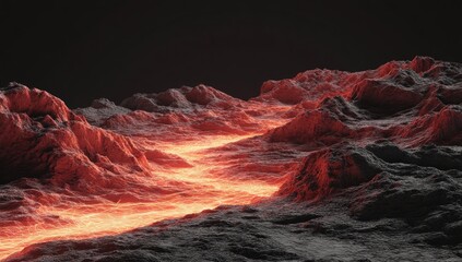 Molten river winds through rugged, fiery landscape