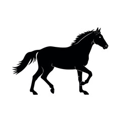 Obraz premium An energetic powerful horse is depicted galloping swiftly in a striking 2D flat vector illustration, presented as a black silhouette with clean, minimalist lines against a pure white background.