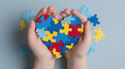 Childrens hands holding puzzle heart Autism awareness