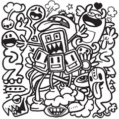 Coloring book page with transparency features playful cartoon doodle characters and expressive