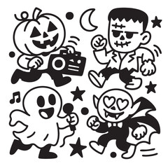 Fototapeta premium Coloring book page with transparency featuring pumpkin head ghost vampire and monster fun scene