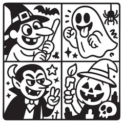 Coloring book page with transparency featuring witch ghost vampire pumpkin in fun Halloween style