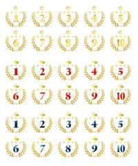 ランキングアイコンセット。金、赤、青の3種類のカラーと、1〜10までの数字。白背景にベクターイラスト。