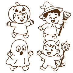 Coloring book page with transparency featuring children in Halloween costumes joyful expression