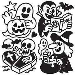 Coloring book page with transparency features happy ghost pumpkin vampire witch skeleton coffin