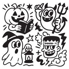 Coloring book page with transparency featuring pumpkin ghost devil and monster in fun style