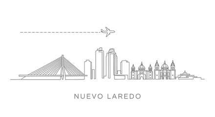 Fototapeta premium Nuevo Laredo skyline with airplane, and line art.