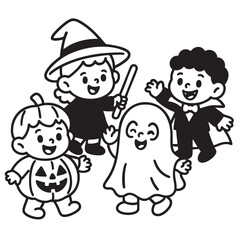 Coloring book page with children in Halloween costumes and transparency for creative fun