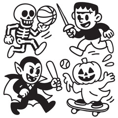 Coloring book page featuring transparency with skeleton, vampire, pumpkin, and monster characters