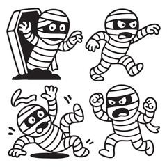 Coloring book page with transparency featuring cartoon mummy characters in various dynamic poses