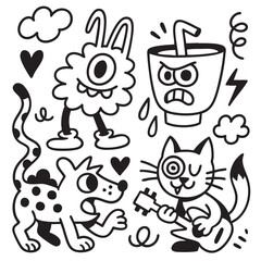 Coloring book page with transparency featuring playful monster cat dog and drink character