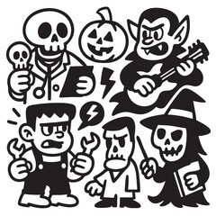 Obraz premium Coloring book page with transparency featuring skeleton pumpkin vampire witch and monster