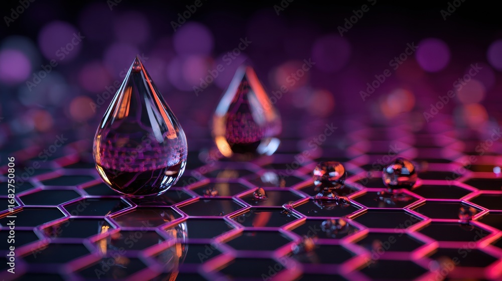 Poster Close-up View of Water Droplets on a Hexagonal Surface Illuminated by Colorful Lights