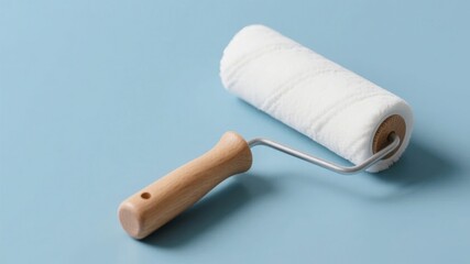 Obraz premium Paint Roller with Wooden Handle on Blue Background