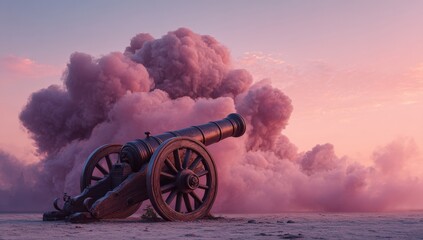 Antique cannon erupting in pink smoke at sunset
