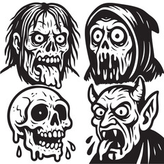 Zombie skull, hooded skeleton, dripping skull, and horned demon with expressive faces black