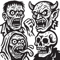 Coloring book page featuring transparency with scary zombie demon skull monster faces