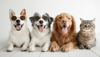 group of dogs and cat happy gathered together taking a selfie